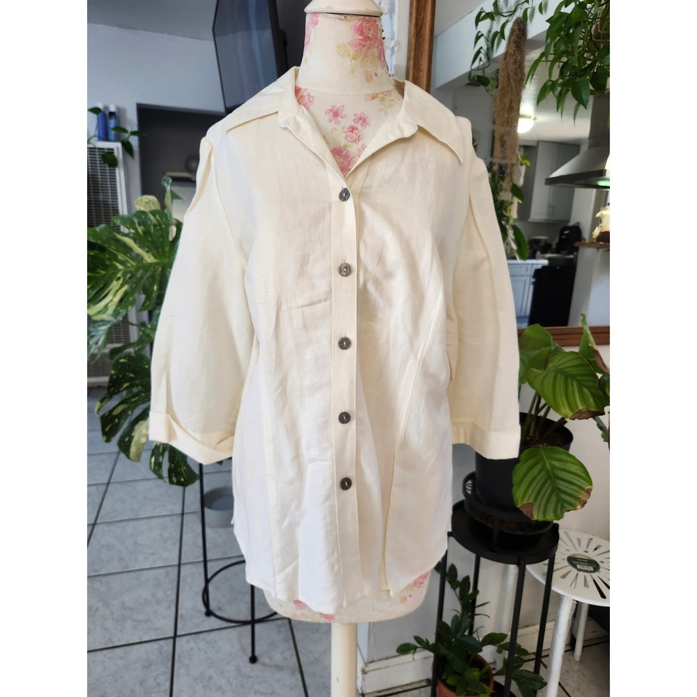 East 5th Ivory Linen Blend Button Front Blouse Large Coastal Grandmother - Picture 6 of 8